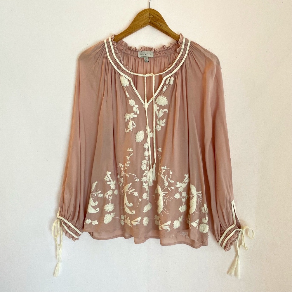 LUCKY BRAND Women’s XS Embroidered Peasant Style Pop Over Blouse